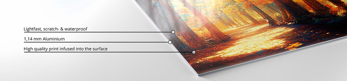 Detail of a 1.4 mm thick Chromaluxe, which is UV, scratch and water resistant. High-quality printing is infused into the surface.