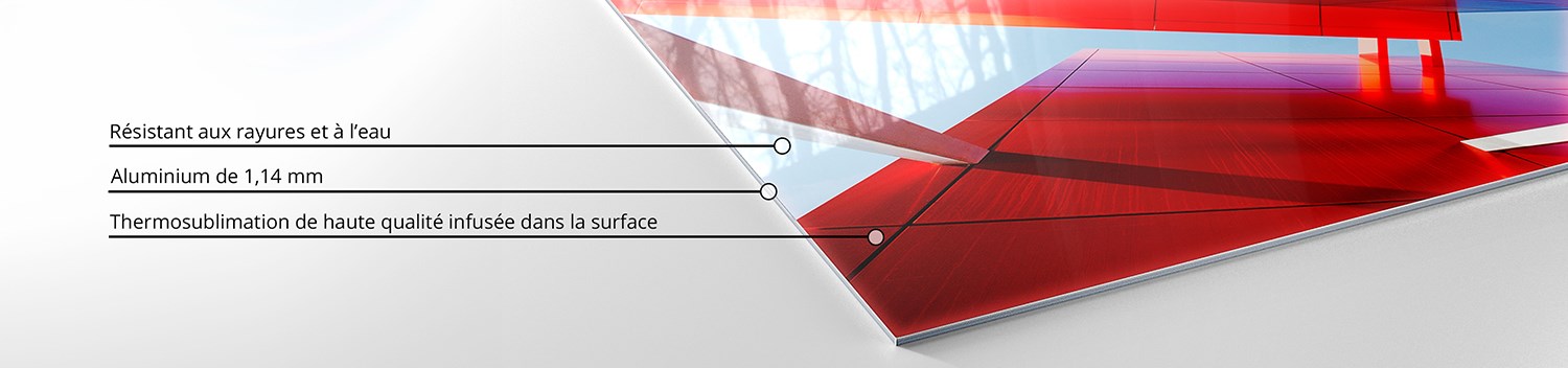 Détail d'un Chromaluxe d'une épaisseur de 1,4 mm et qui est résistant aux UV, aux rayures et à l'eau. Une impression de haute qualité est infusée dans la surface.