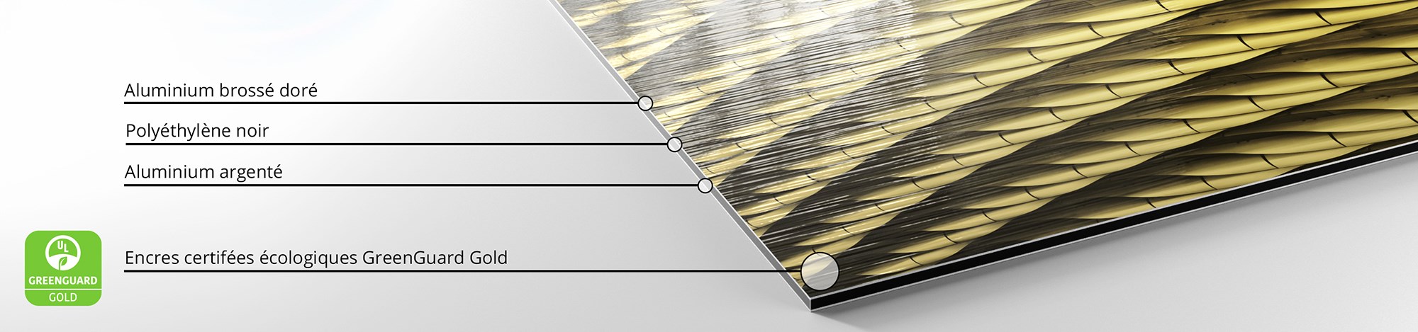 Détail d'une impression sur Dibond Brossé Doré avec des encres écologiques certifiées Greenguard Gold.