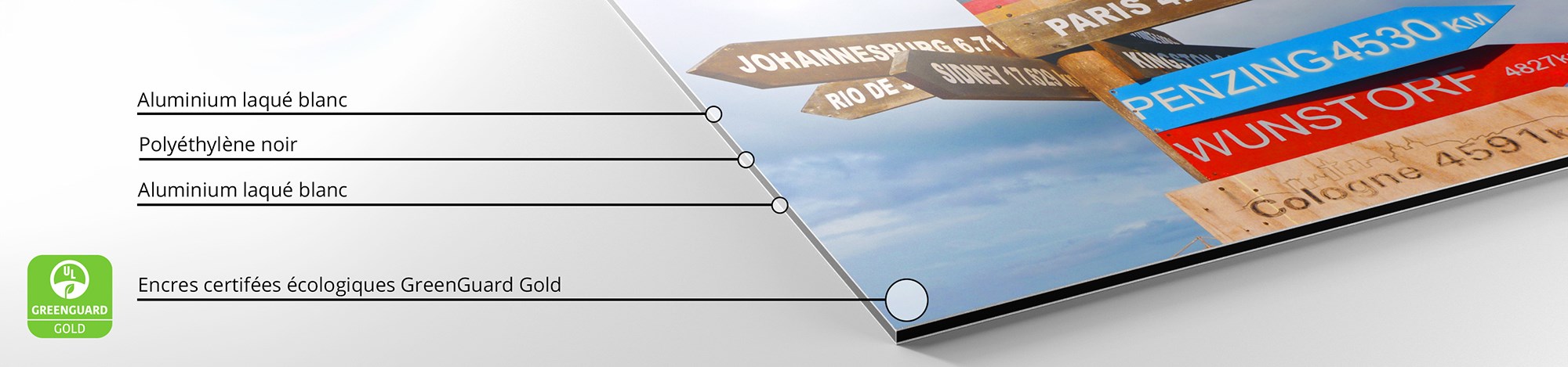 Détail d'une impression sur Dibond avec des encres écologiques certifiées Greenguard Gold.