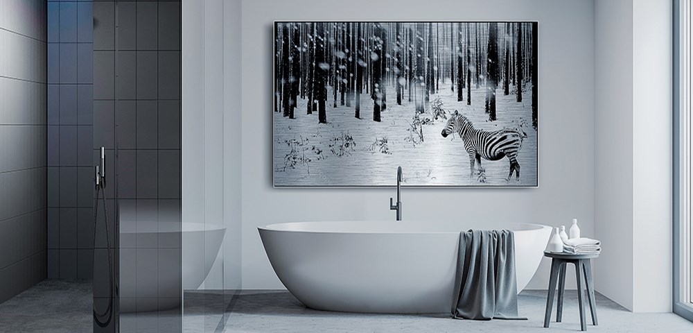 Une impression sur Dibond Brossé Argenté encaré avec un FIno-Alu accrochée au mur d'une salle de bain.