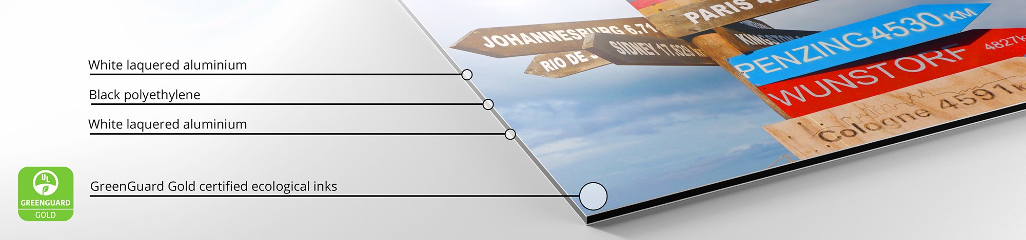 Detail of a print on Dibond using Greenguard Gold-certified ecological inks.