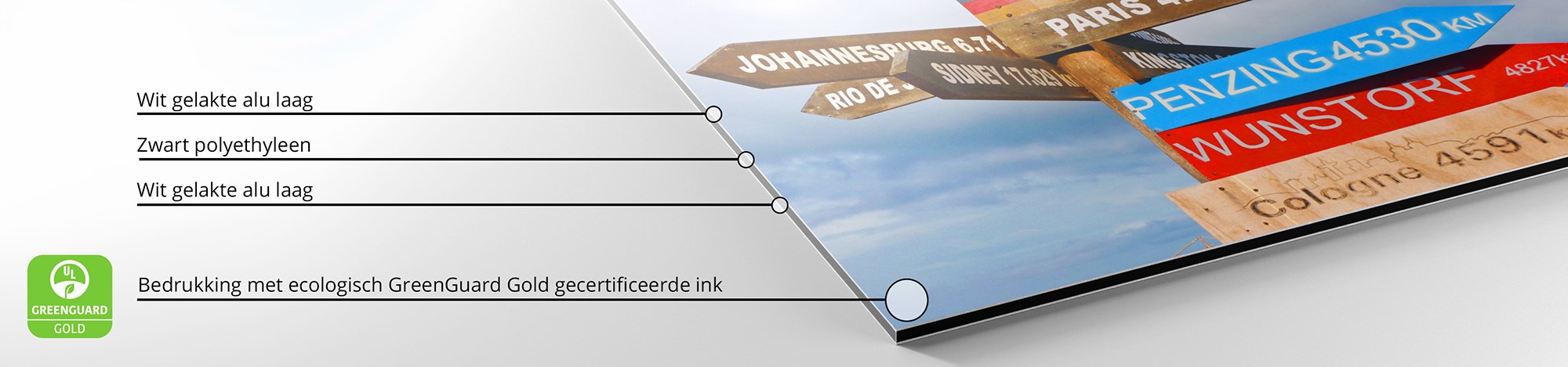 Detail van een print op Dibond met Greenguard Gold-gecertificeerde ecologische inkt.