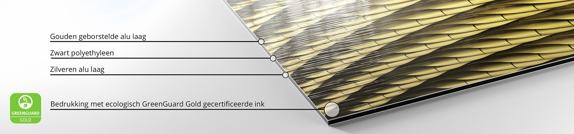 Detail van een print op Gouden Geborstelde Dibond met Greenguard Gold-gecertificeerde ecologische inkt.