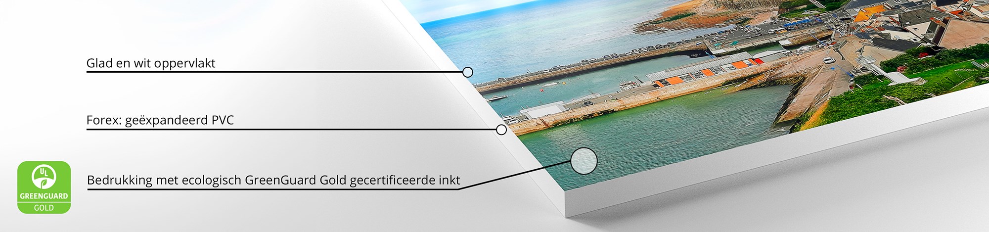 Detail van een Forex print met Greenguard Gold-gecertificeerde ecologische inkt.