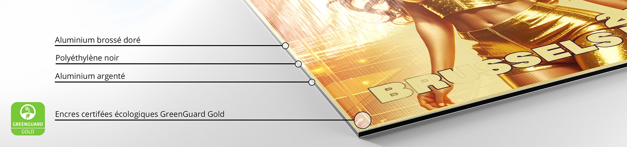 Détail d'une impression sur Dibond Brossé Doré avec des encres écologiques certifiées Greenguard Gold.