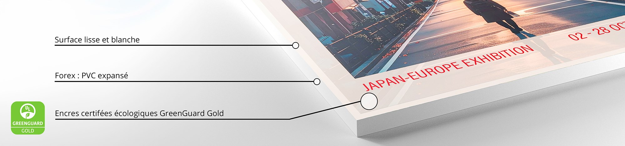 Détail d'une impression sur Forex avec des encres écologiques certifiées Greenguard Gold.
