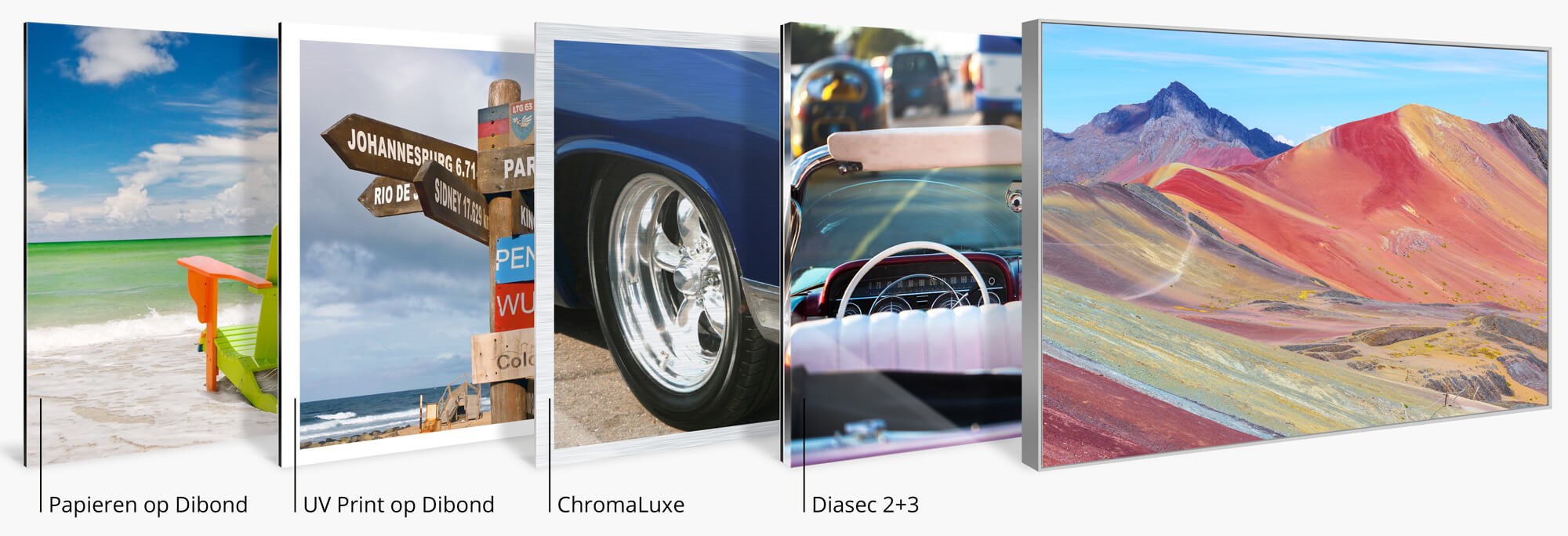 Verscheidene Beelddragers in onze Schaduwvoeglijsten : Diasec ; Chromaluxe ; Fotos op Dibond gekleefd, kleur of zwart-wit  of rechtstreeks op Dibond gedrukt.
