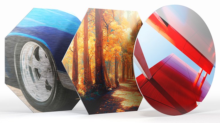 Trois Chromaluxe découpés en Octogone, Hexagone et en Cercle