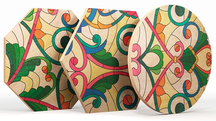Trois impressions sur Bois Ecologique découpés en Octogone, Hexagone et en Cercle