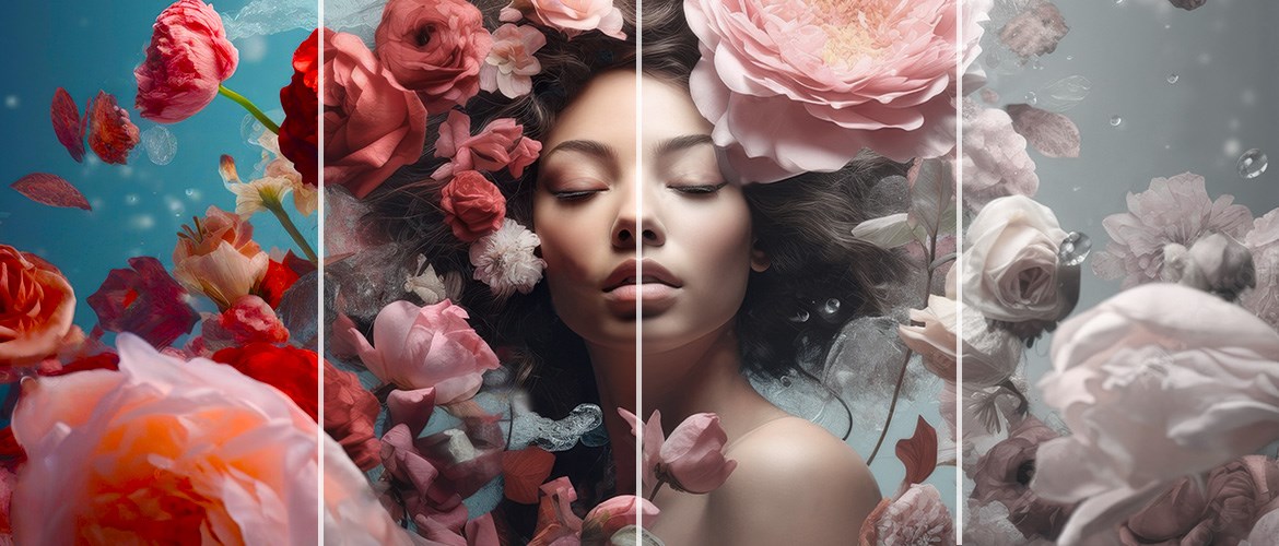A woman surrounded by soaring red and pink flowers, their colors blooming from the left to the right of the image.