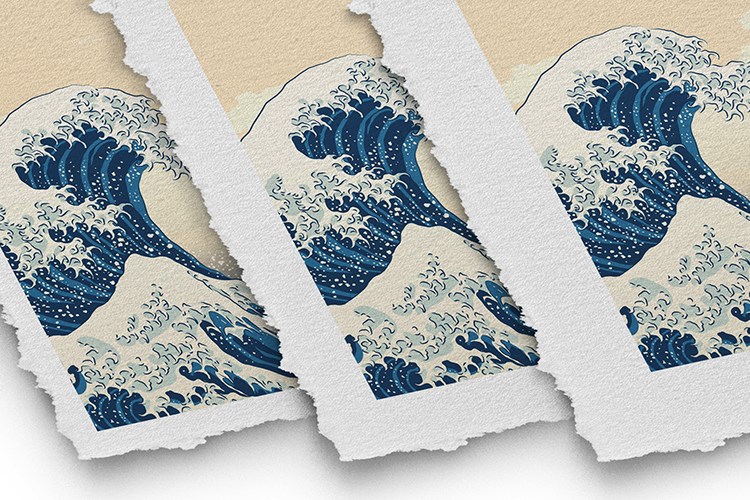 Detail of a reproduction of the famous Great Wave of Kanagawa on Hahnemühle Deckle Edge Fine Art Paper with added white edges.