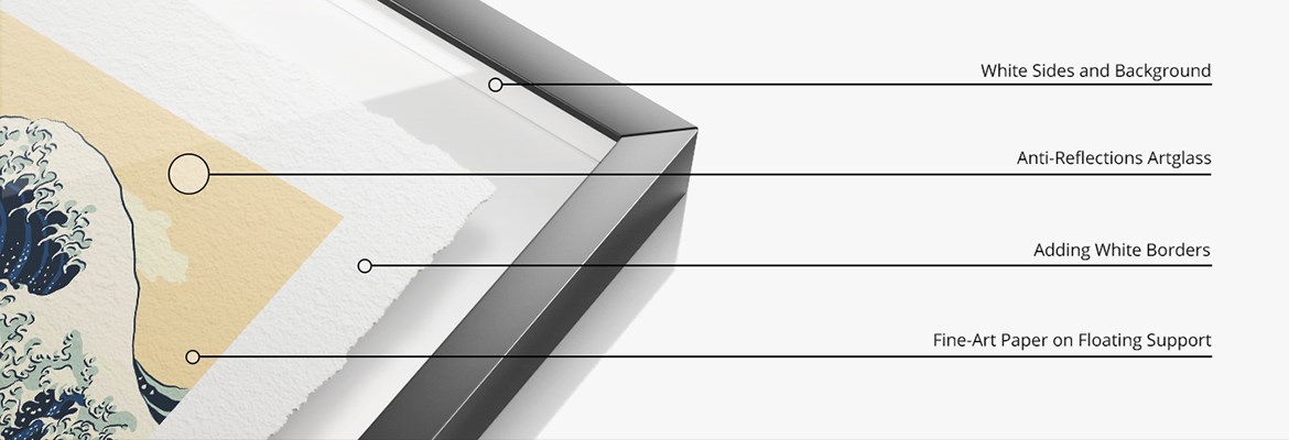 Details of a Frame with Glass and its special features: white interior, its Artglass Anti-Reflective glass, white edges added to the Fringed Fine Art print placed on the integrated riser system. The print seems to float.