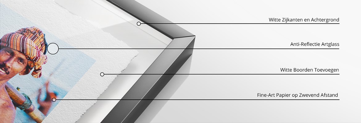 Details van een kader met Glas en zijn speciale kenmerken: witte binnenkant, Artglass antireflecterende glas, witte randen toegevoegd aan de gerafelde Fine Art afdruk die op een geïntegreerde verhoog is geplaatst. De afdruk lijkt te zweven.