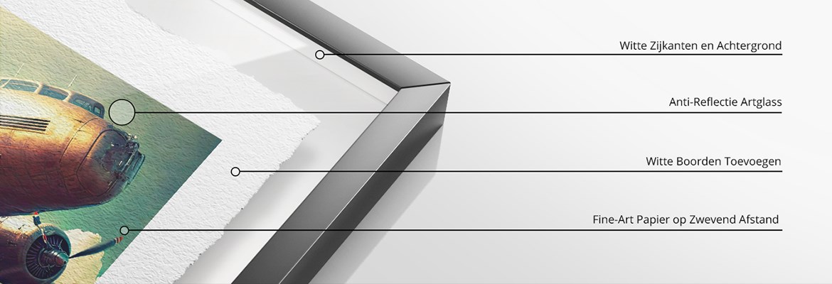 Details van een kader met Glas en zijn speciale kenmerken: witte binnenkant, Artglass antireflecterende glas, witte randen toegevoegd aan de gerafelde Fine Art afdruk die op een geïntegreerde verhoog is geplaatst. De afdruk lijkt te zweven.